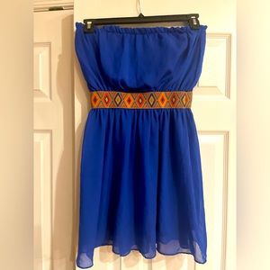 Boutique/ Honey Punch/ Royal Blue Strapless Dress/Empire Waist/Aztec Embroidery.